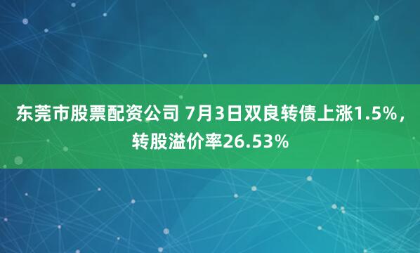 东莞市股票配资公司 7月3日双良转债上涨1.5%，转股溢价率26.53%